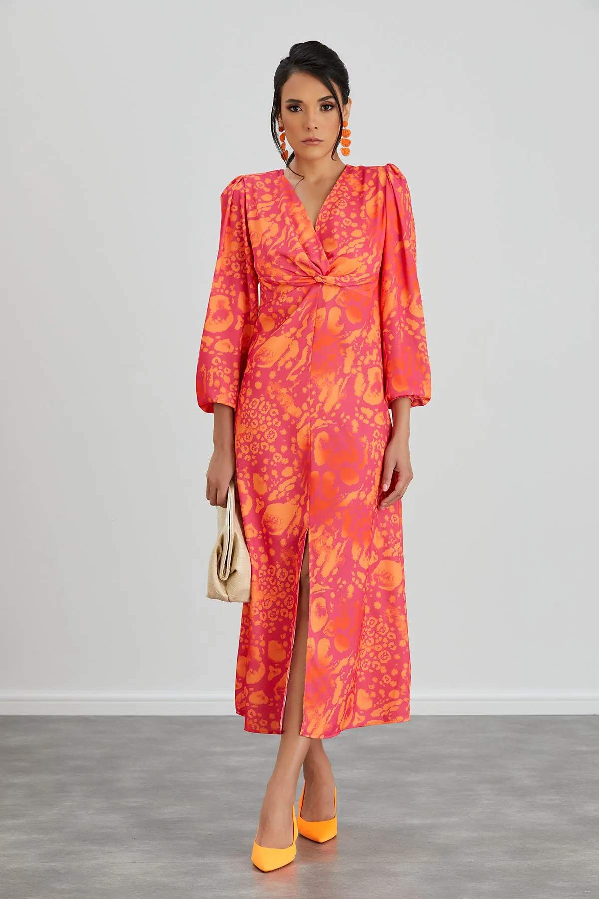 Jade Chic Twist Midi Dress in Orange Leo Print