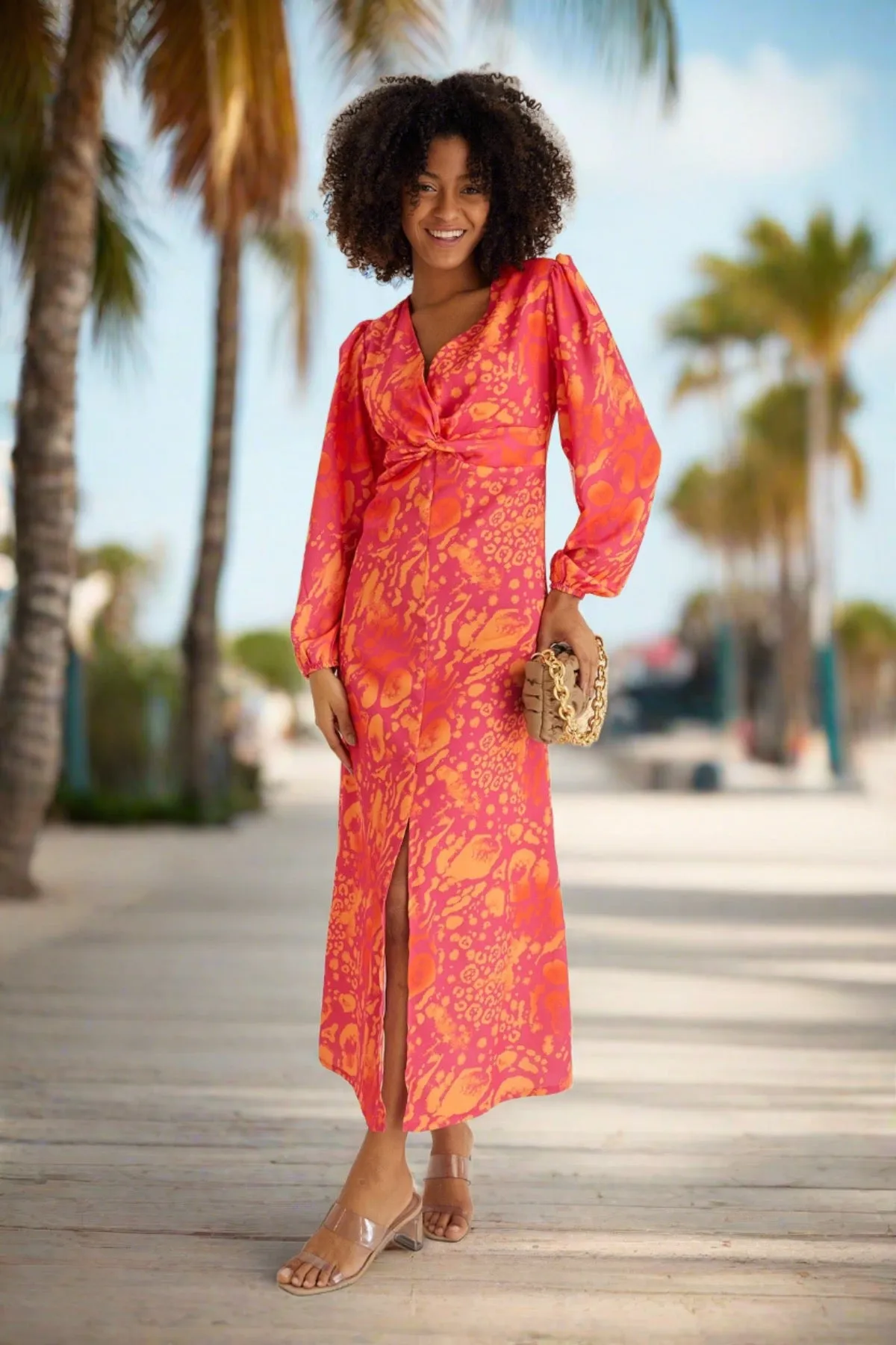 Jade Chic Twist Midi Dress in Orange Leo Print