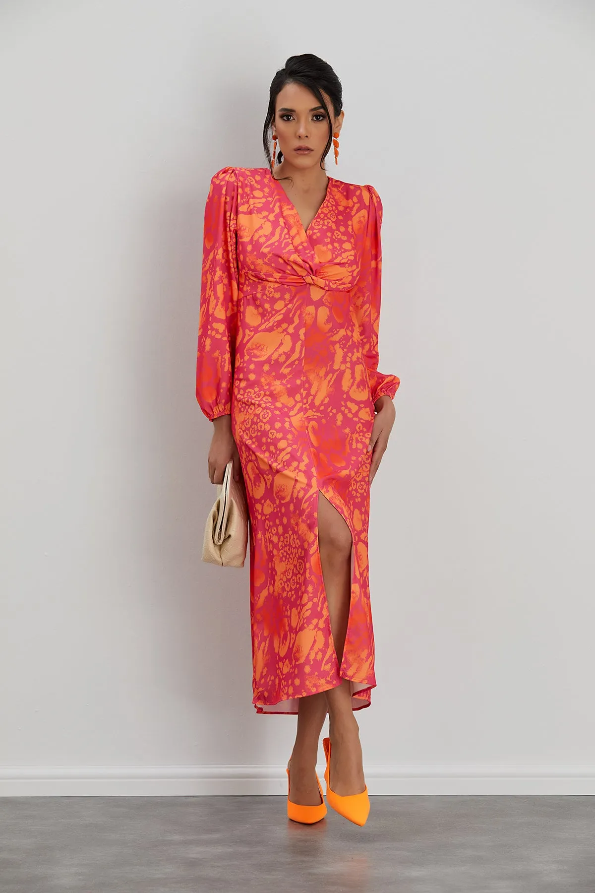 Jade Chic Twist Midi Dress in Orange Leo Print