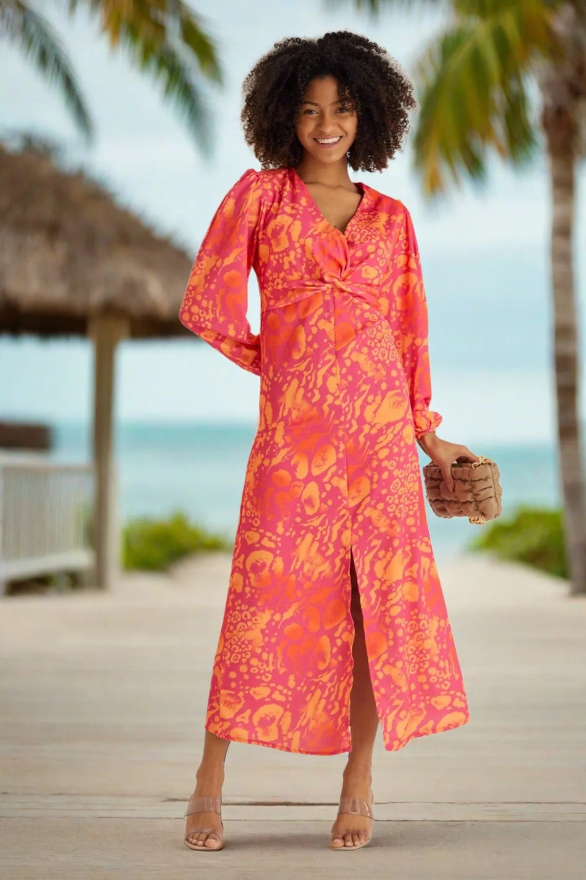 Jade Chic Twist Midi Dress in Orange Leo Print