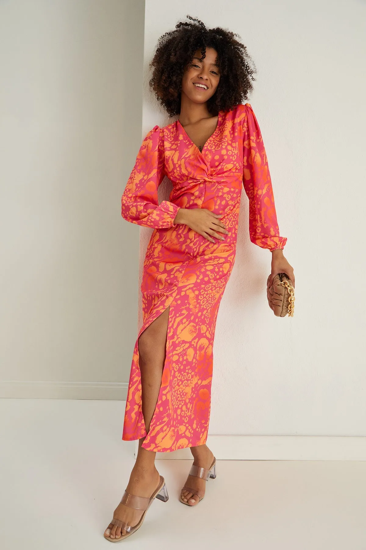 Jade Chic Twist Midi Dress in Orange Leo Print