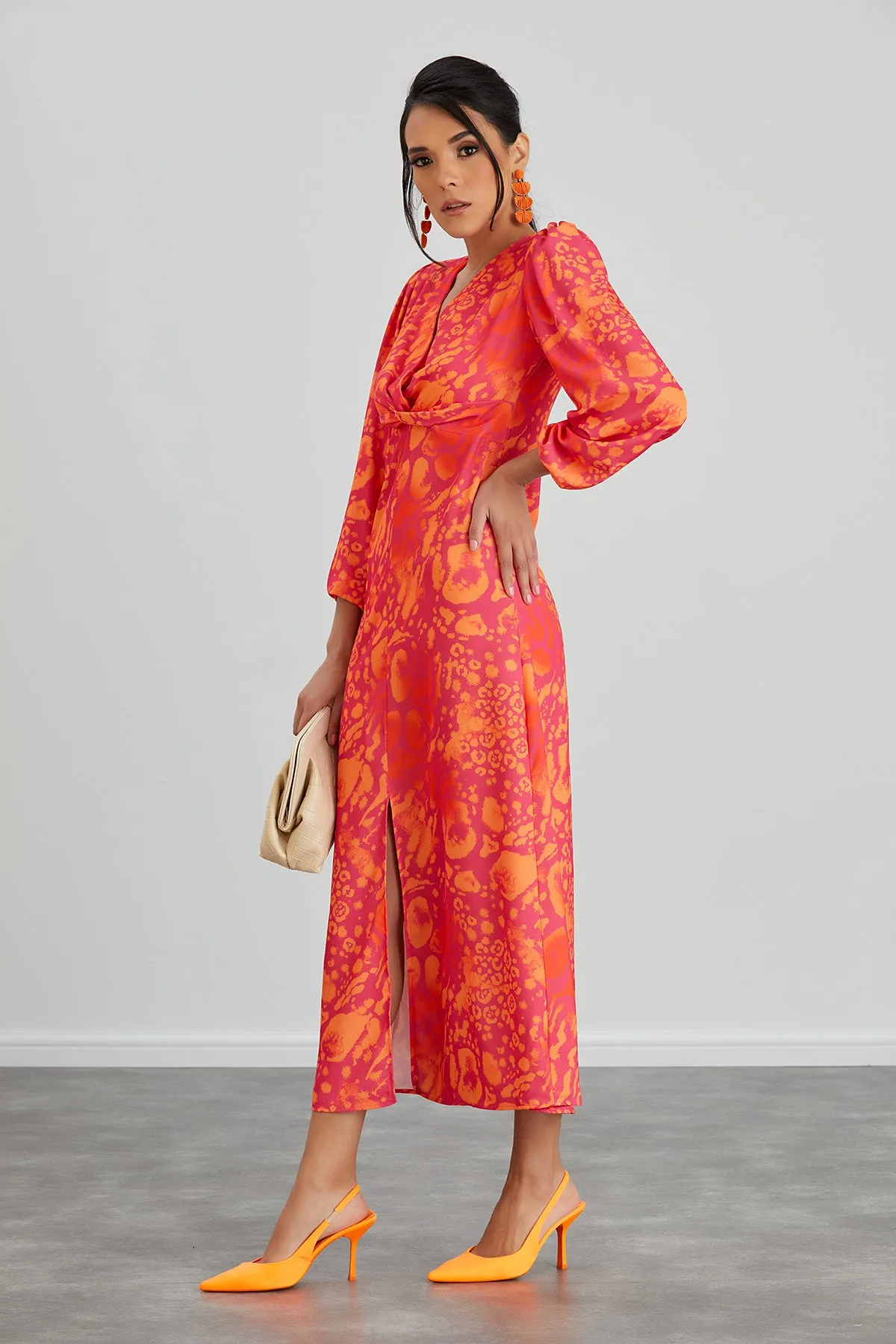 Jade Chic Twist Midi Dress in Orange Leo Print