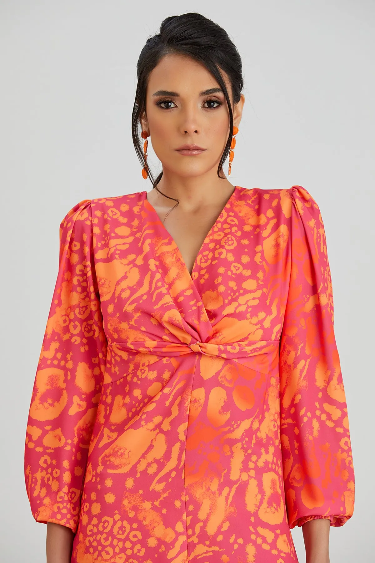 Jade Chic Twist Midi Dress in Orange Leo Print