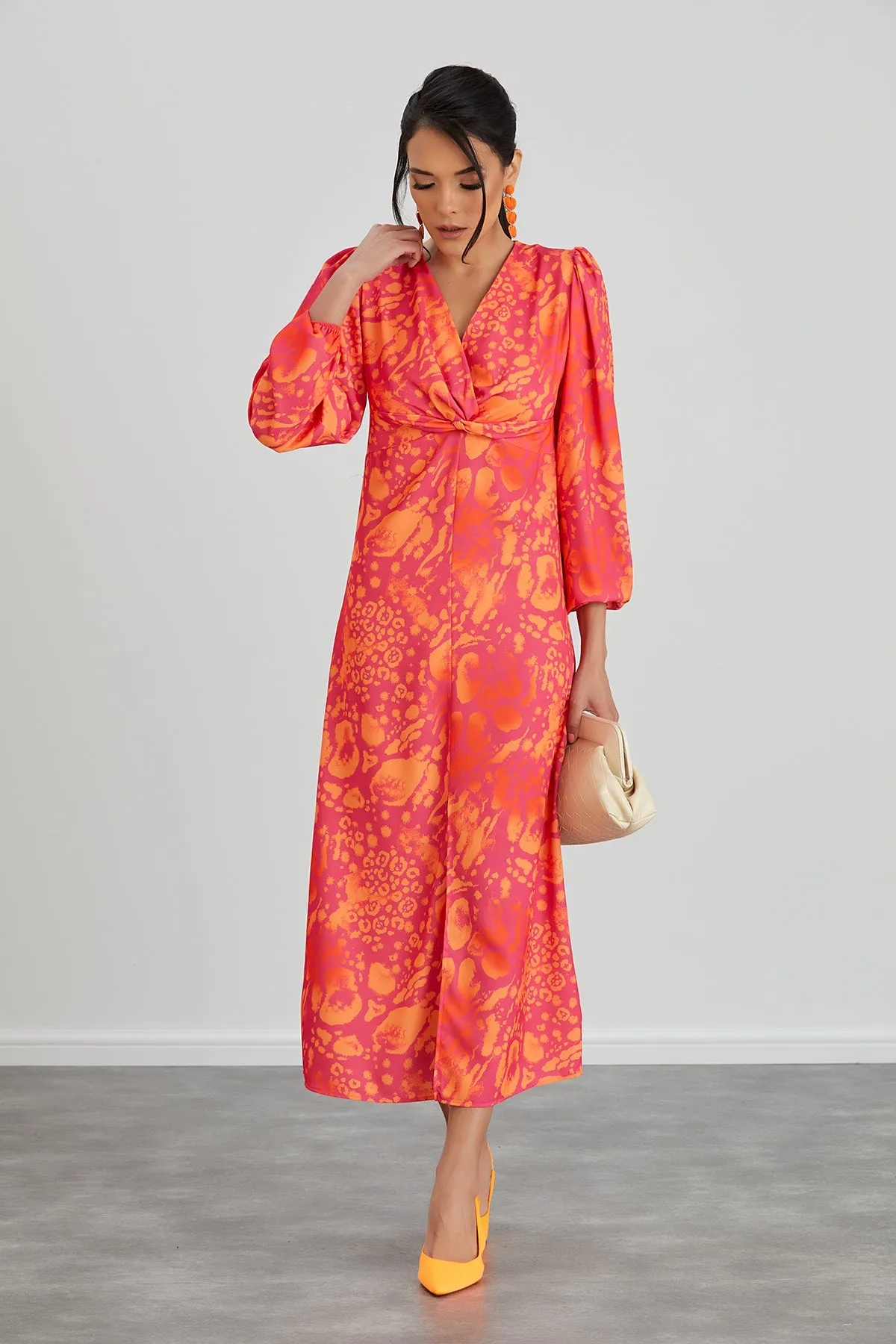 Jade Chic Twist Midi Dress in Orange Leo Print