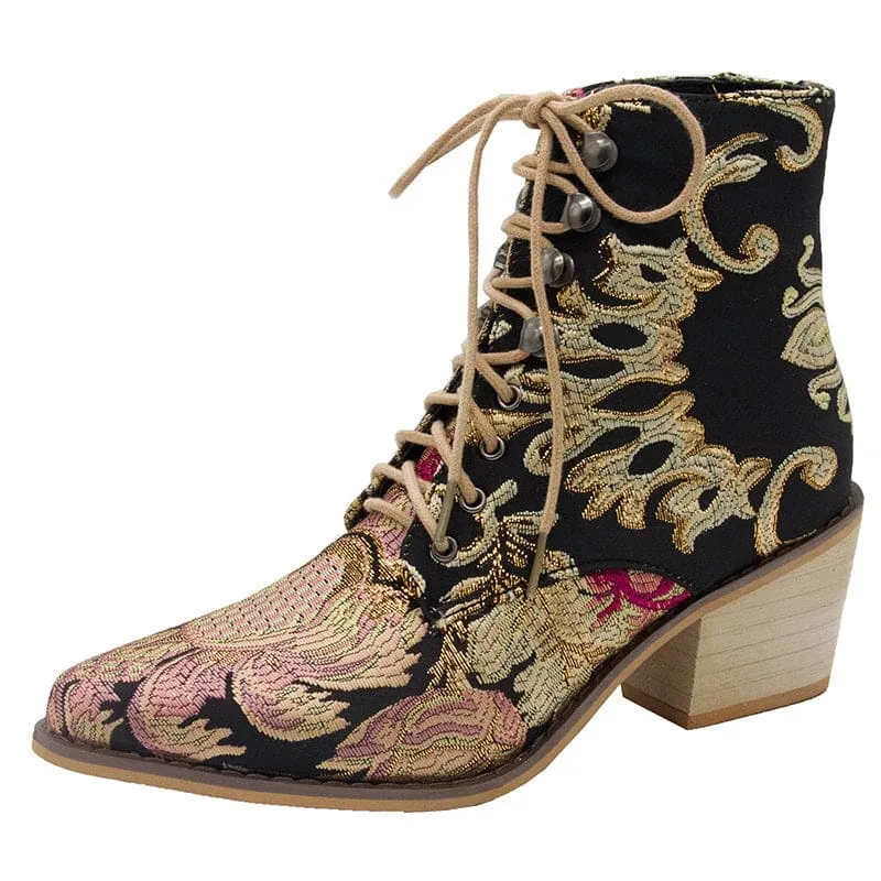 Ladies Satin Embroidered High Heel Pointed Ankle Boots