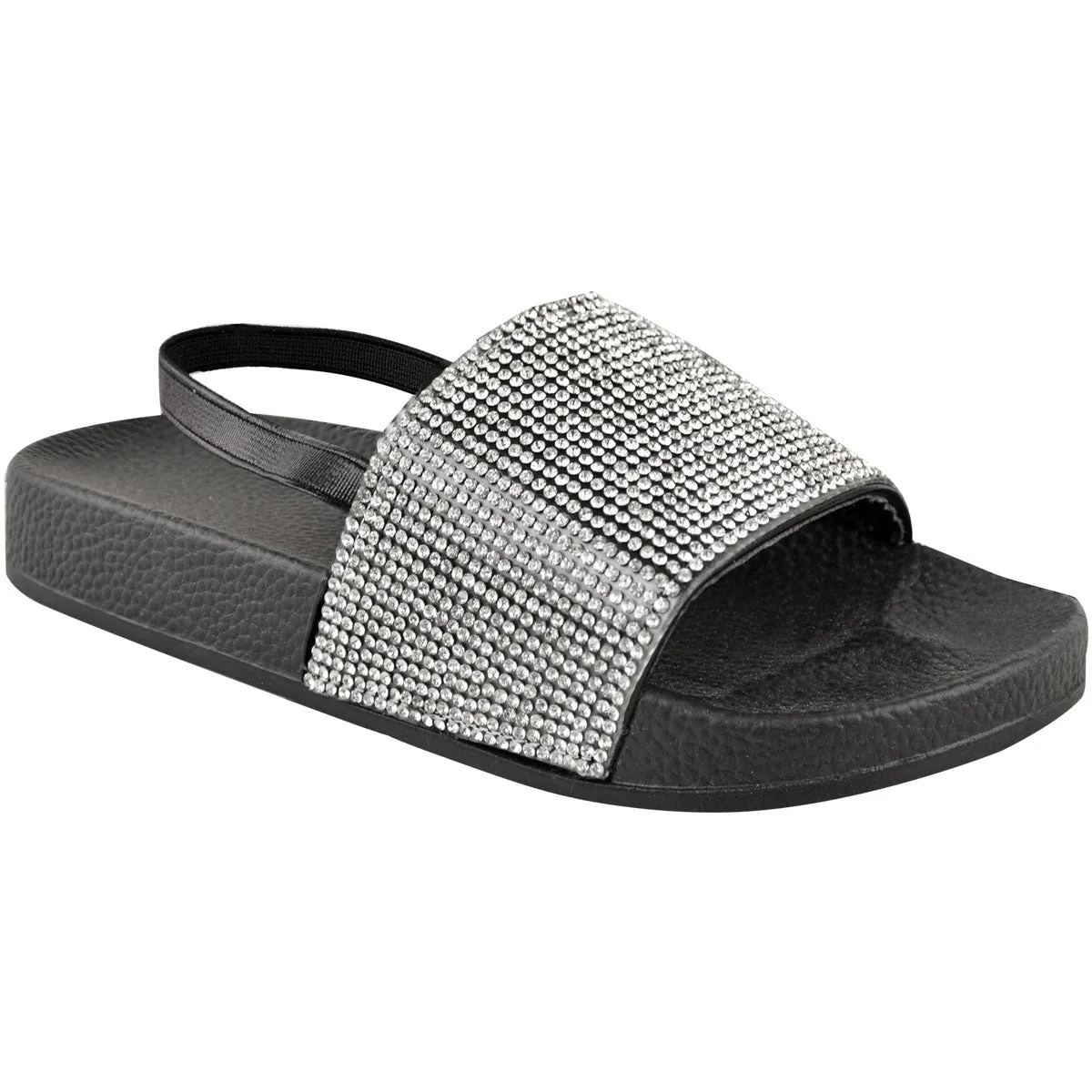 LEVELLE KIDS FLATFORM SLIDERS WIT DIAMANTE STRAP & SLINGBACK IN BLACK