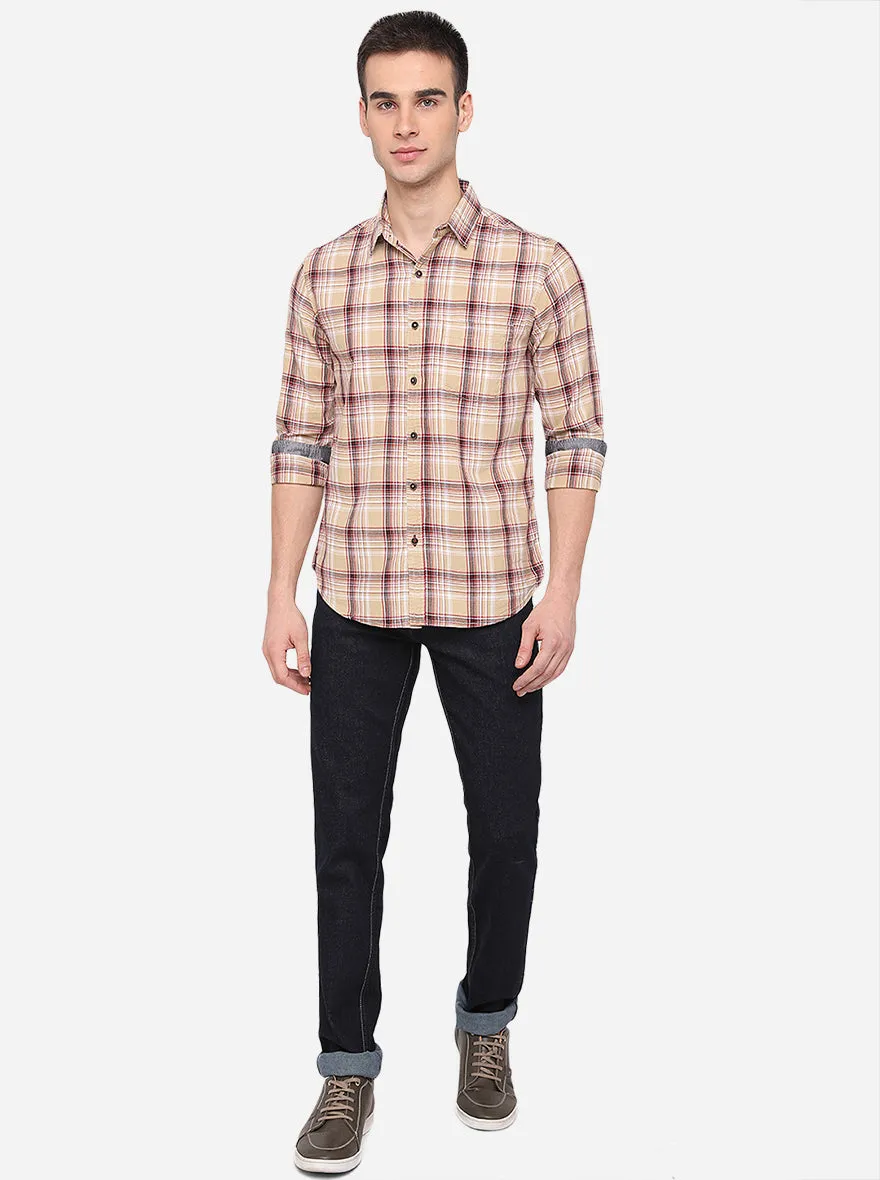 Light Yellow & Red Checked Slim Fit Casual Shirt | Greenfibre