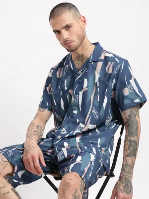 Men Abstract Cuban Collar Blue Co-Ords Set