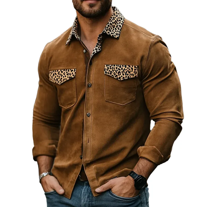 Men Fashion Leopard Print Suede Panel Long Sleeve Shirt 40583725Y