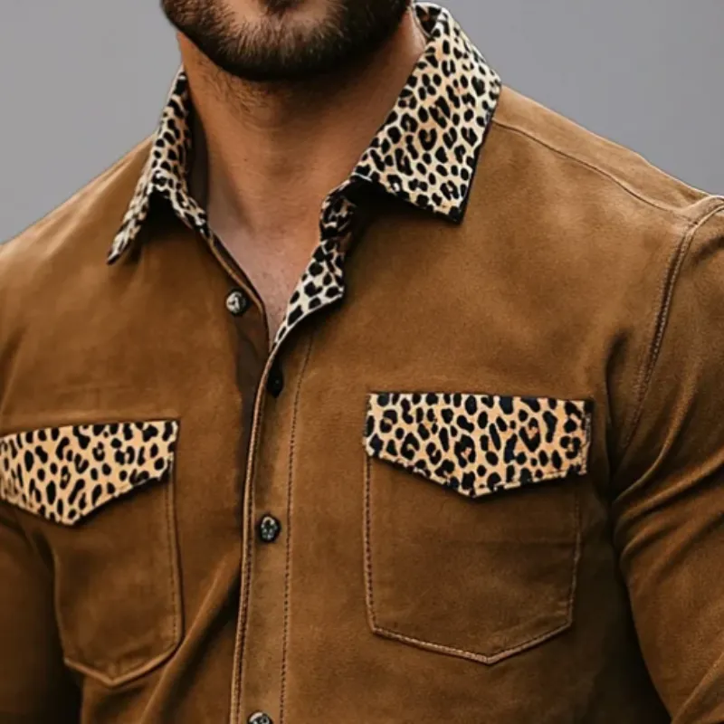 Men Fashion Leopard Print Suede Panel Long Sleeve Shirt 40583725Y