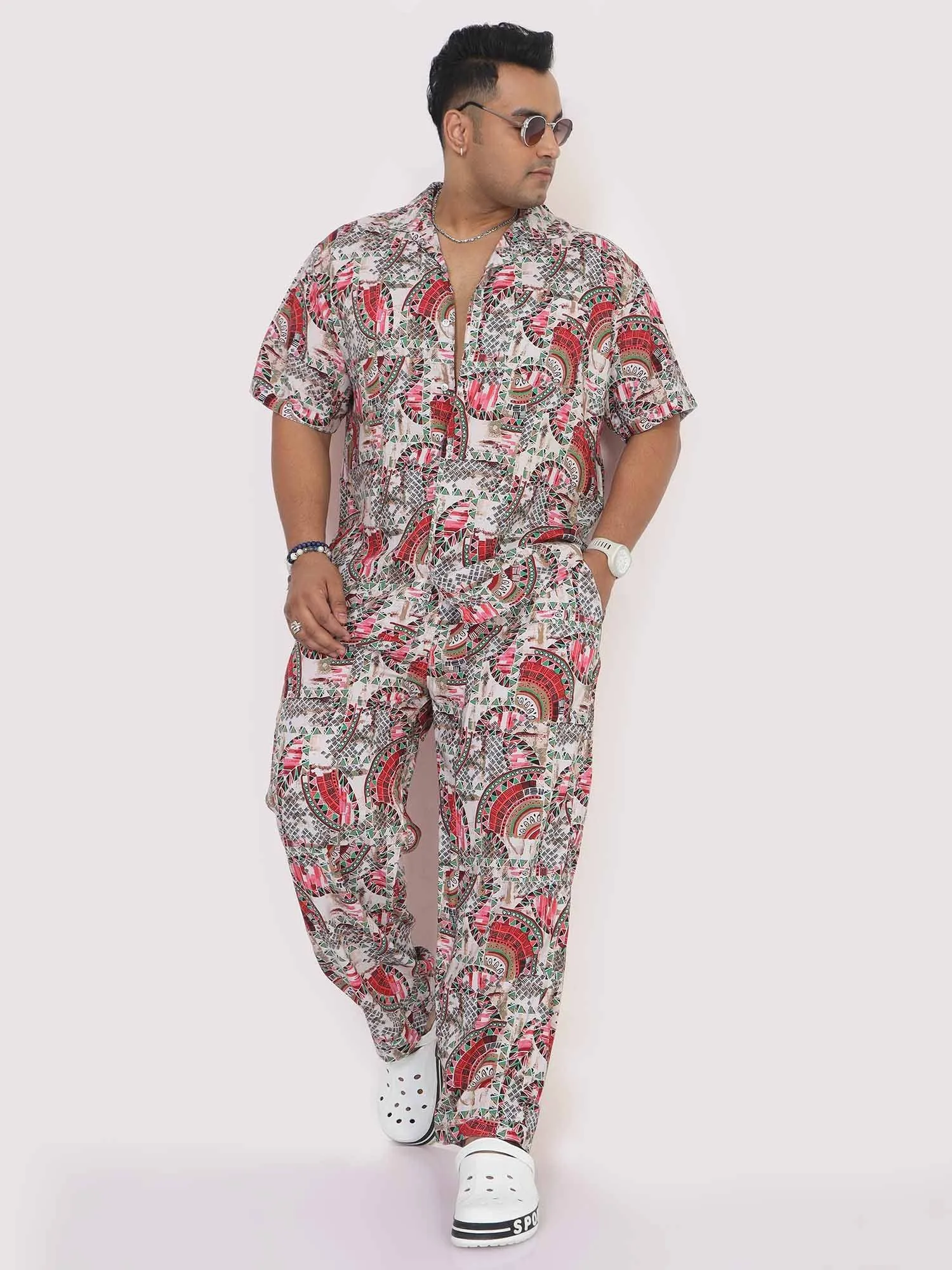 Men Plus Size Abstract Red Printed FULL Sleeve Co-Ords