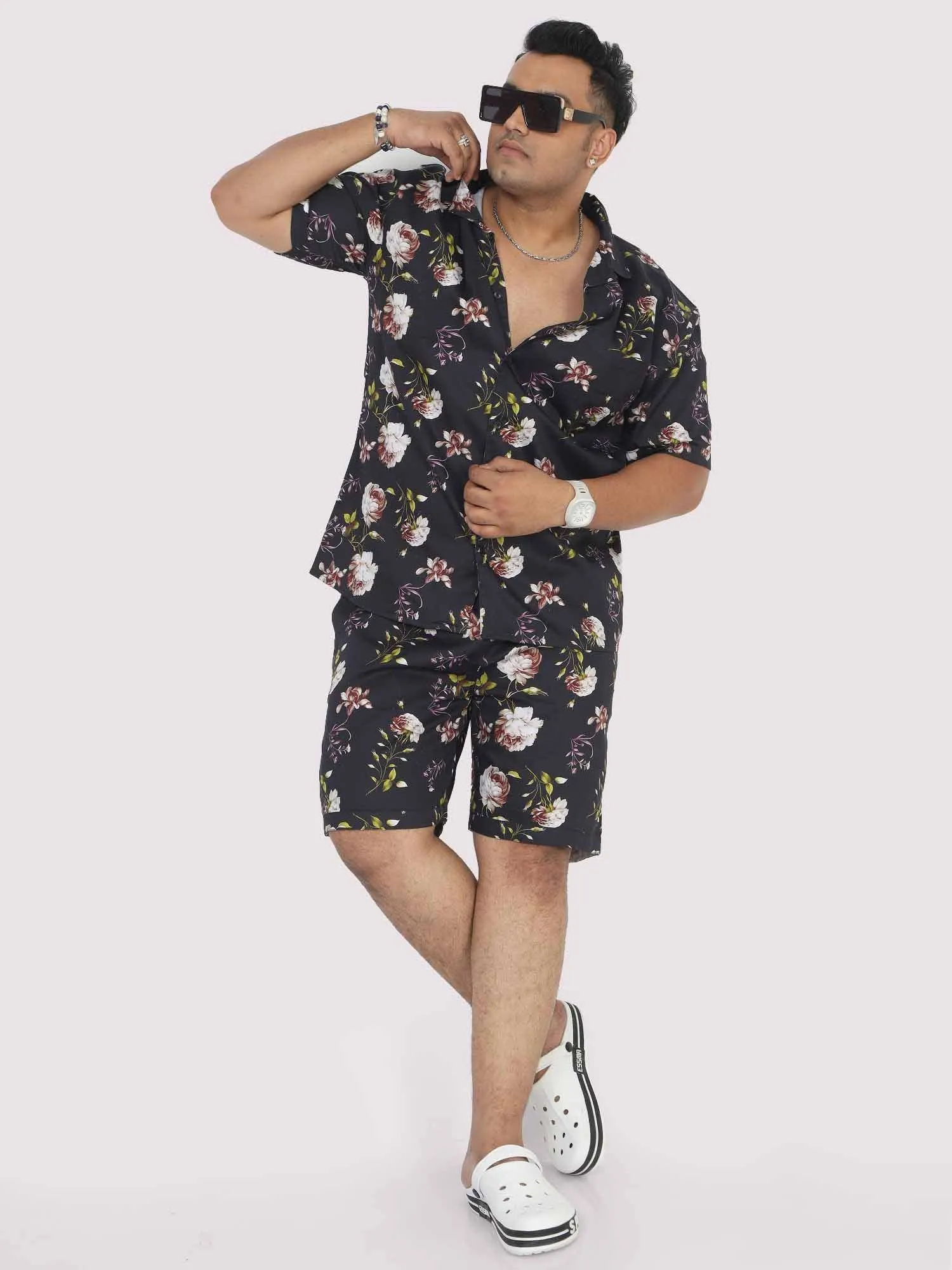 Men Plus Size Black Floral Printed Half Sleeve Co-Ords