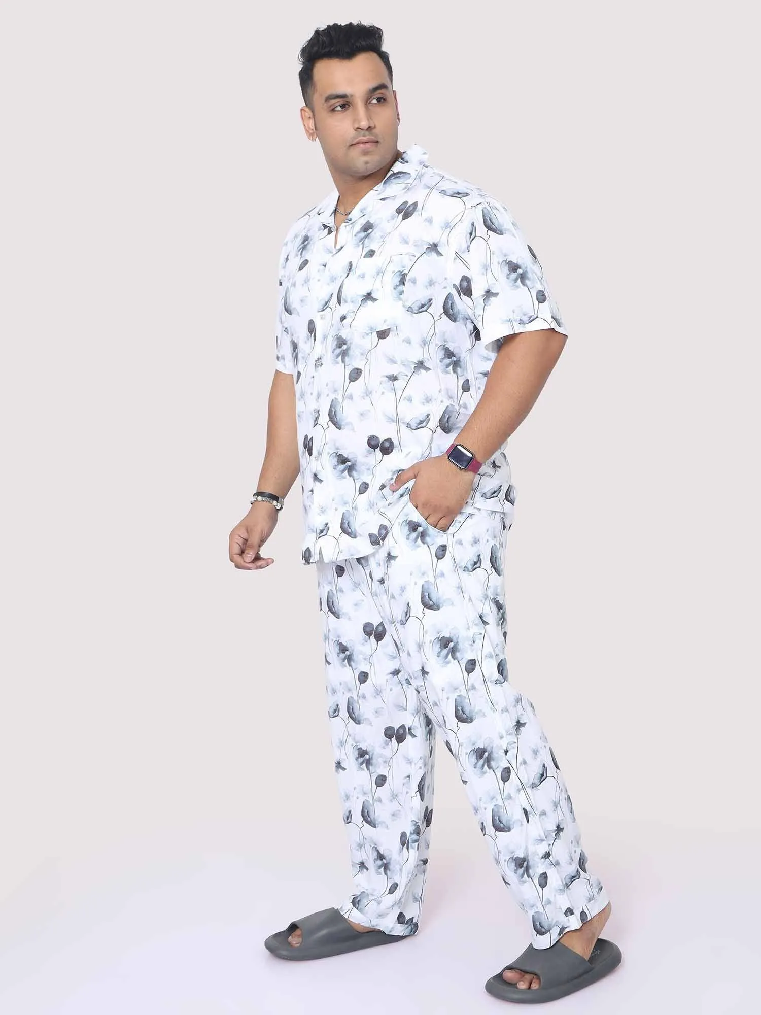 Men Plus Size Grey Blossom Printed Full Sleeve Co-Ords