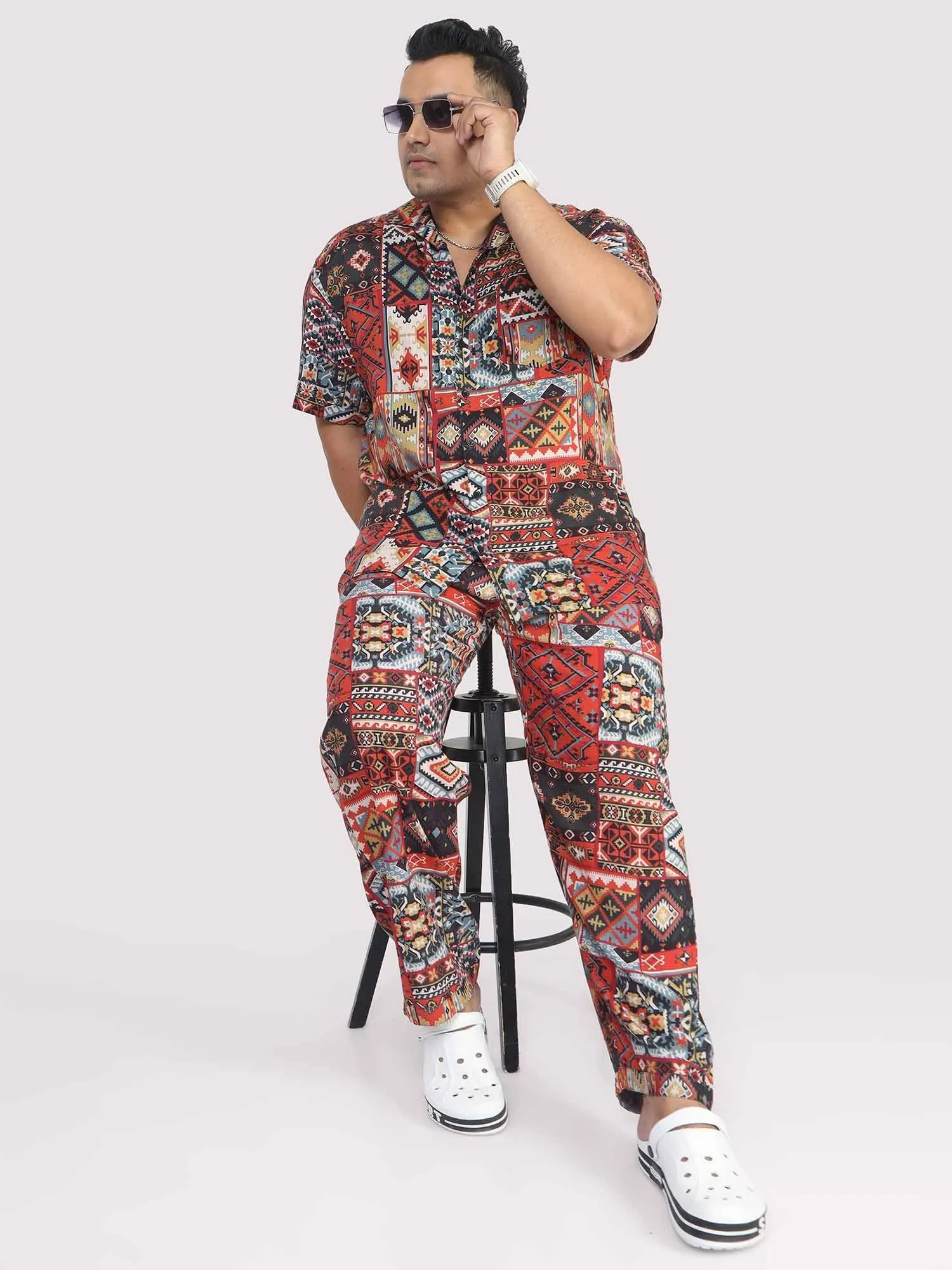 Men Plus Size Multi Ikkat Printed Full Sleeve Co-Ords