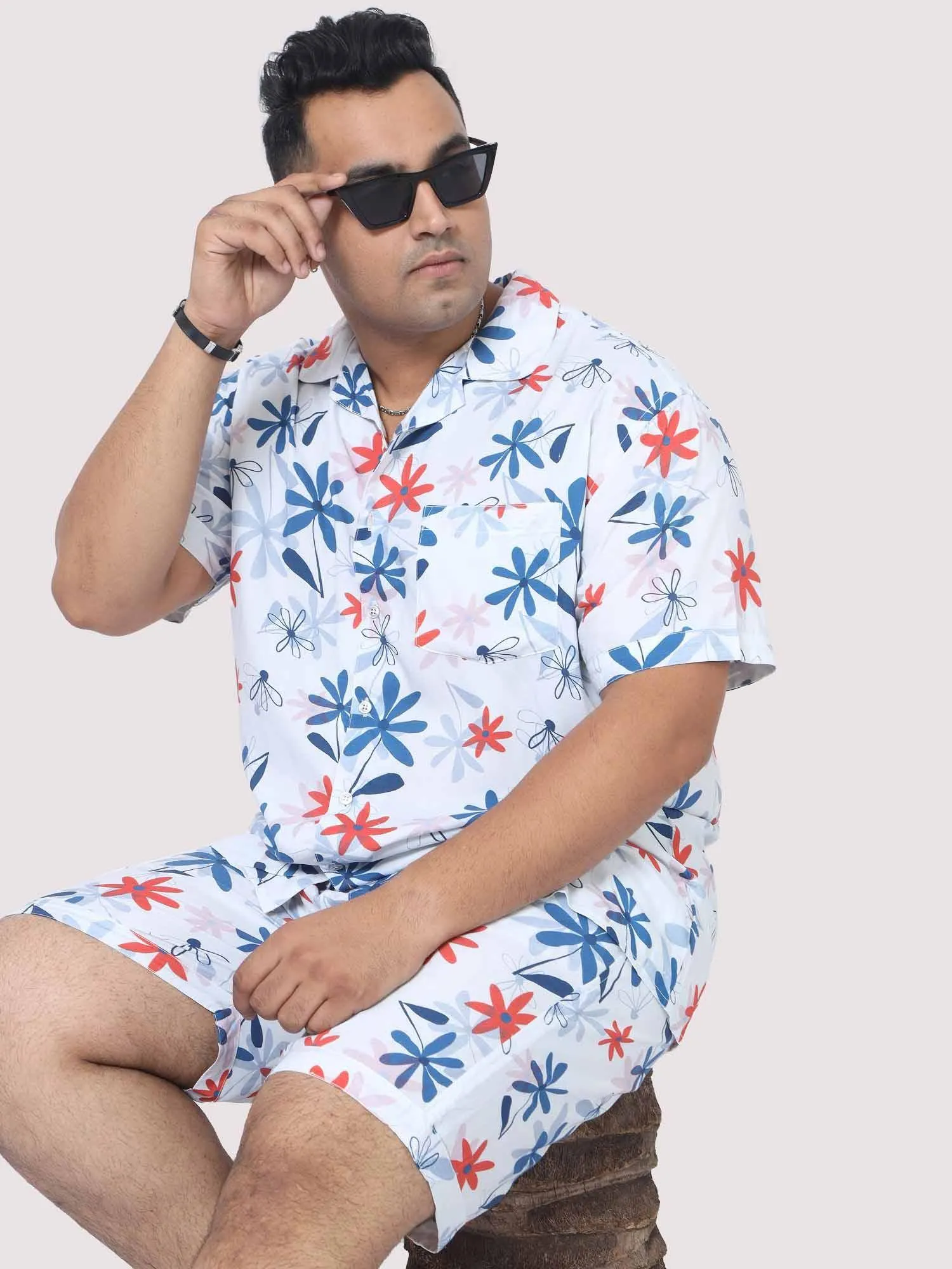 Men Plus Size Star Flowers Printed Half Sleeve Co-Ords