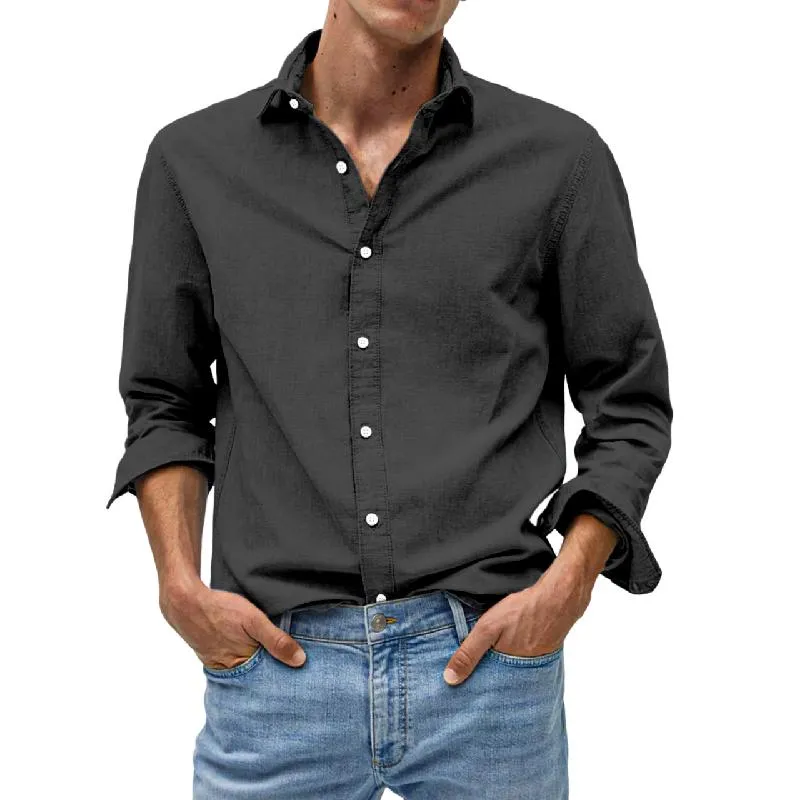 Men's Casual Cotton and Linen Lapel Long Sleeve Shirt 38377396Y