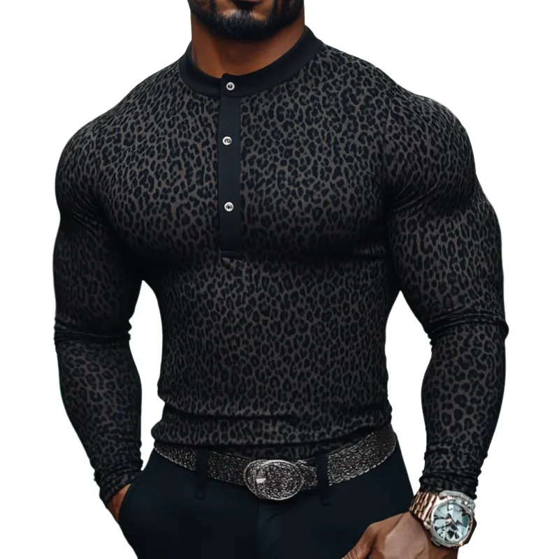 Men's Casual Cotton Blend Leopard Henley Collar Slim Fit Long Sleeve T-Shirt 61874284M