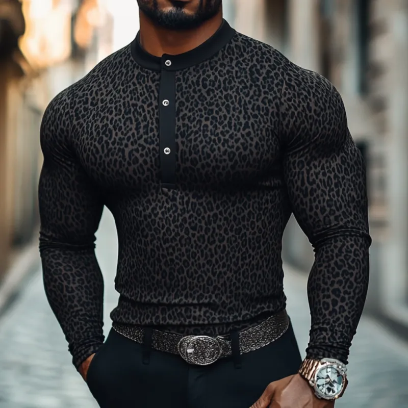 Men's Casual Cotton Blend Leopard Henley Collar Slim Fit Long Sleeve T-Shirt 61874284M