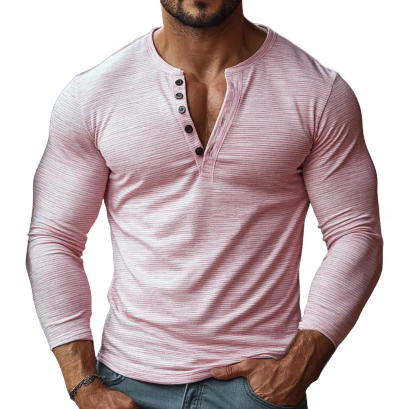 Men's Casual Cotton Blend Stripe Henley Collar Slim Fit Long Sleeve T-Shirt 03454788M