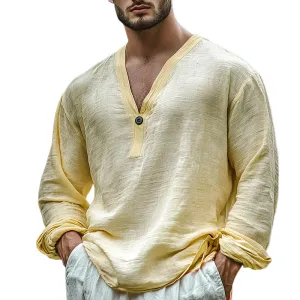 Men's Casual Skin-friendly Holiday Cotton and Linen V-neck Long-sleeved Shirt 97743947Y