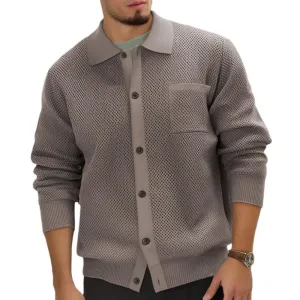 Men's Casual Solid Color Lapel Patch Pocket Knitted Cardigan 79317999M