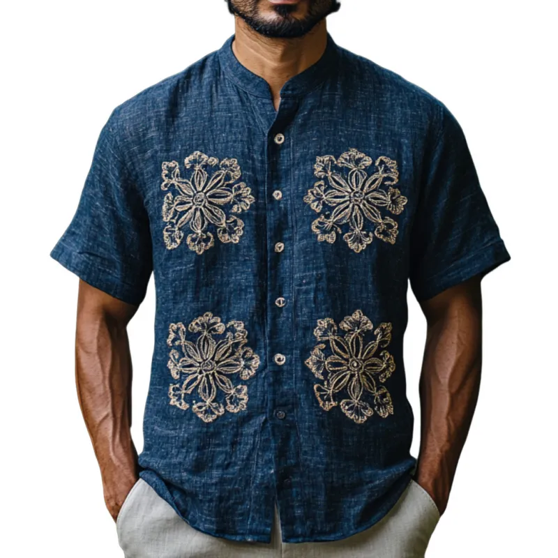 Men's Casual Stand Collar Embroidered Linen Loose Short Sleeve Shirt 84054804M