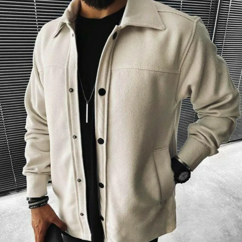 Men's Casual Wool Blend Lapel Single Breasted Loose Long Sleeve Shirt 53220208M