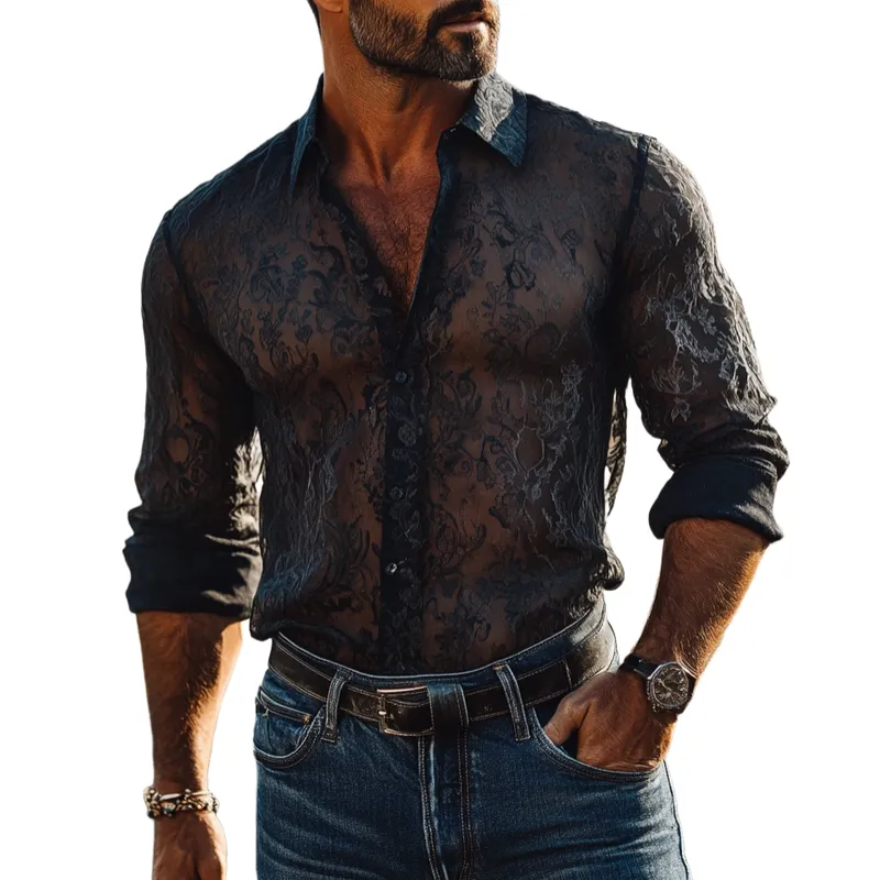 Men's Fashion Lace Slim Fit Lapel Long Sleeve Shirt 98367587Y