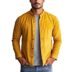 Men's Fashion Suede Stand Collar Single Breasted Long Sleeve Shirt 43796442Y