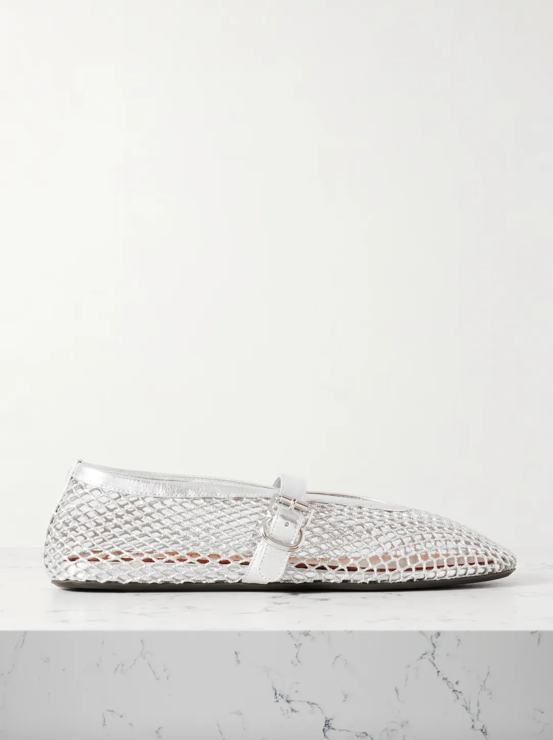 Metallic leather-trimmed mesh ballet flats