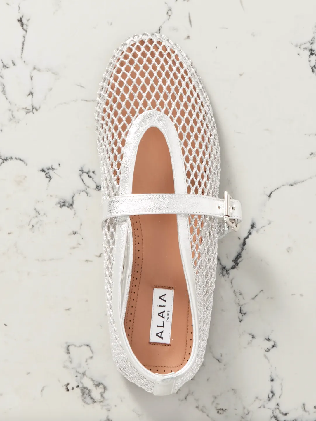 Metallic leather-trimmed mesh ballet flats