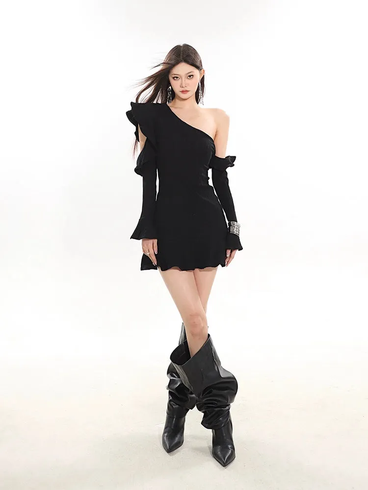 One-Shoulder Ruffled Hem Bodycon Dress