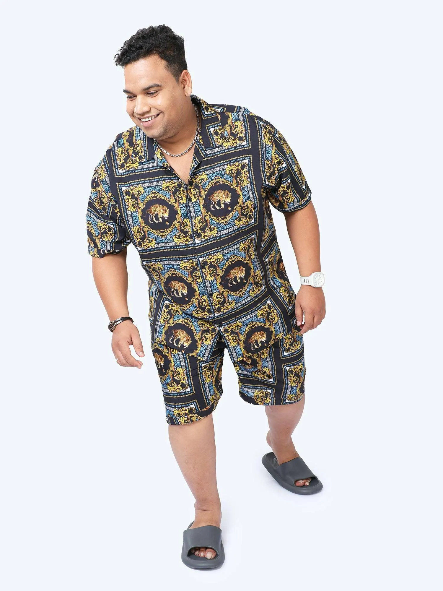 Plus Size Men Leopard Placement Printed Half Sleeve Co-Ords