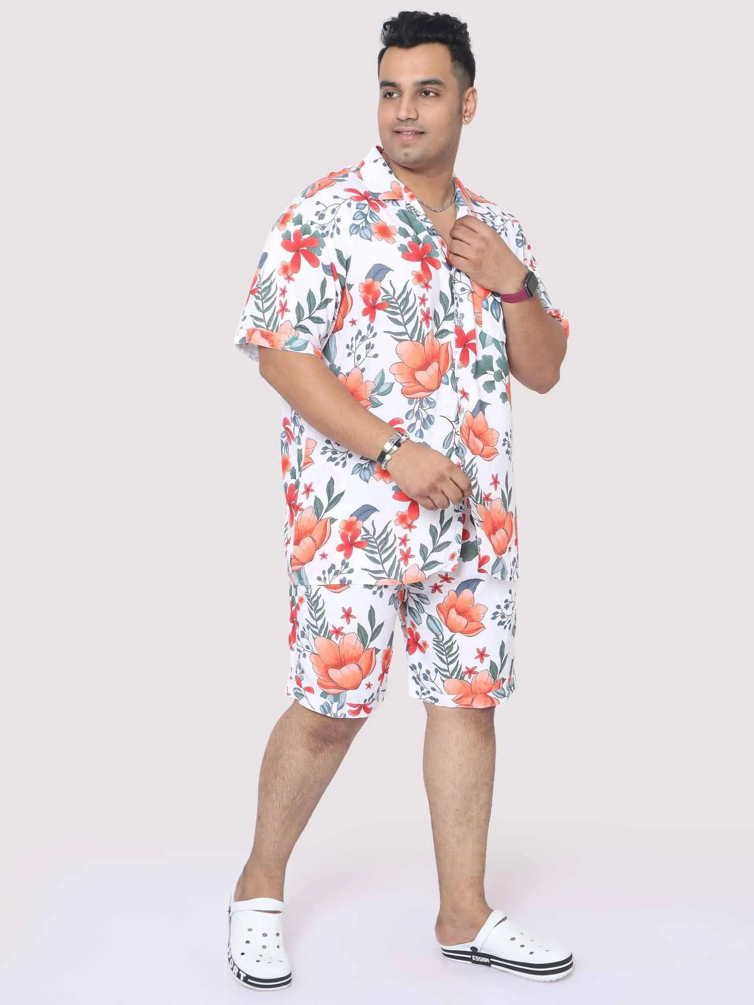 Plus Size Men Saffron Hibiscus Digital Printed Half Co-Ords