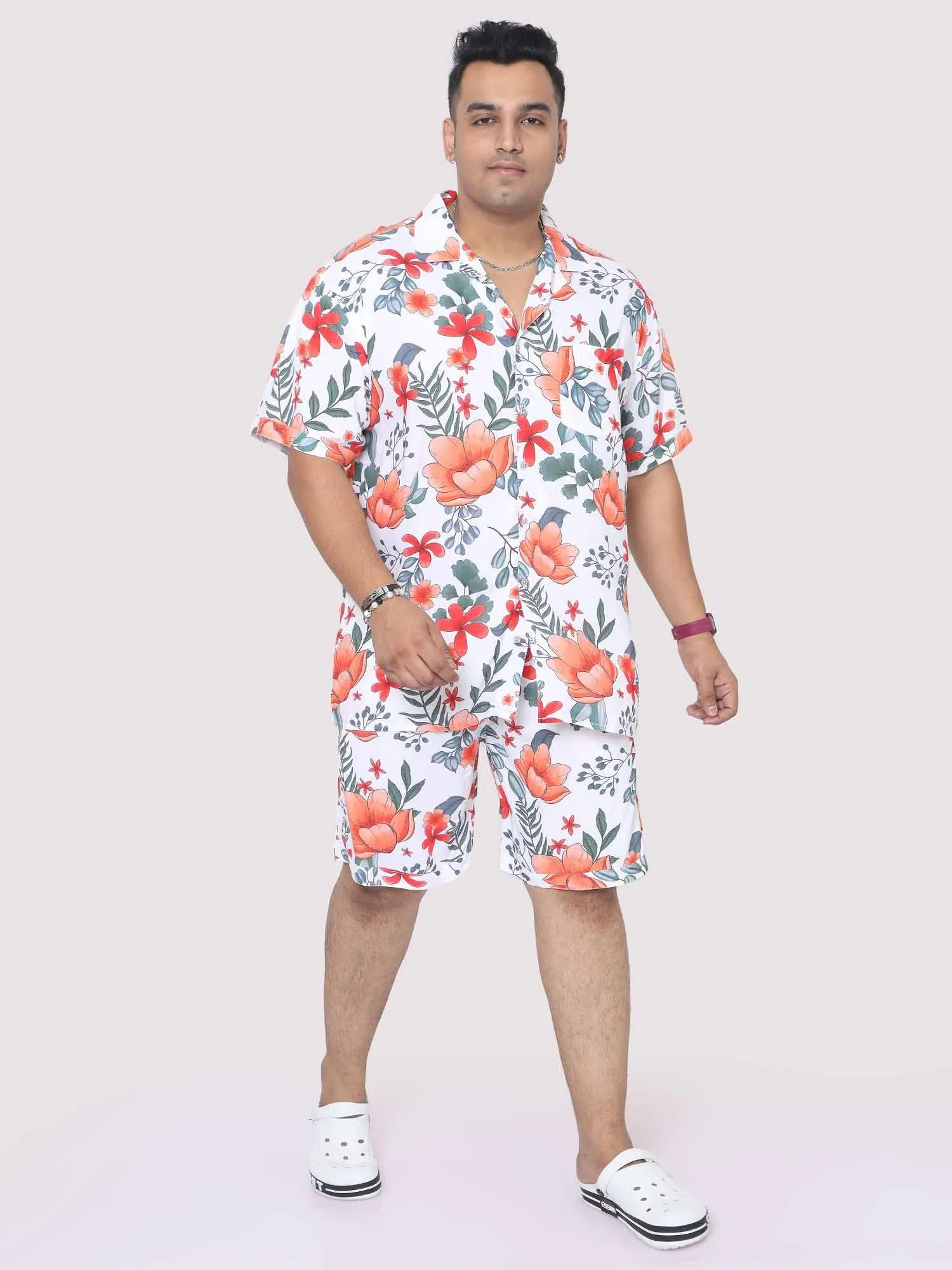 Plus Size Men Saffron Hibiscus Digital Printed Half Co-Ords