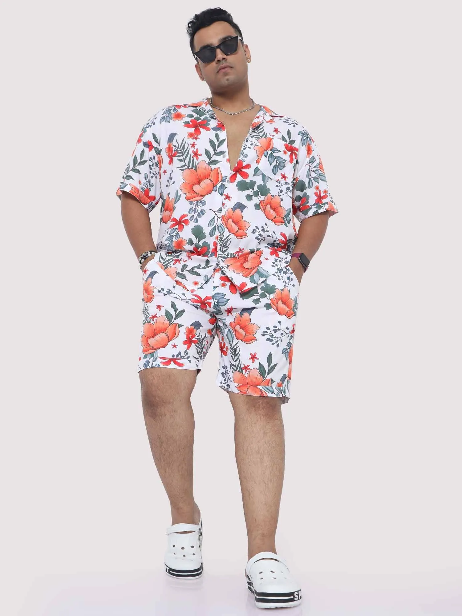 Plus Size Men Saffron Hibiscus Digital Printed Half Co-Ords