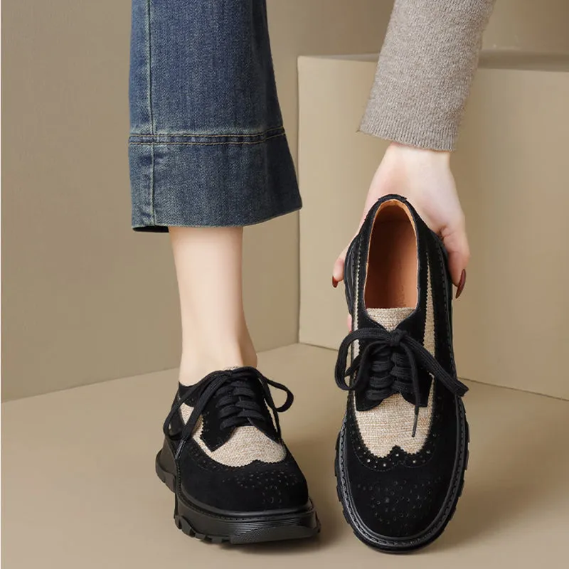 Preppy Color-Block Suede Brogue Lace Up Oxford Shoes in Black/Brown