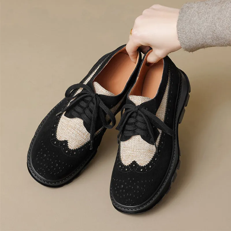 Preppy Color-Block Suede Brogue Lace Up Oxford Shoes in Black/Brown