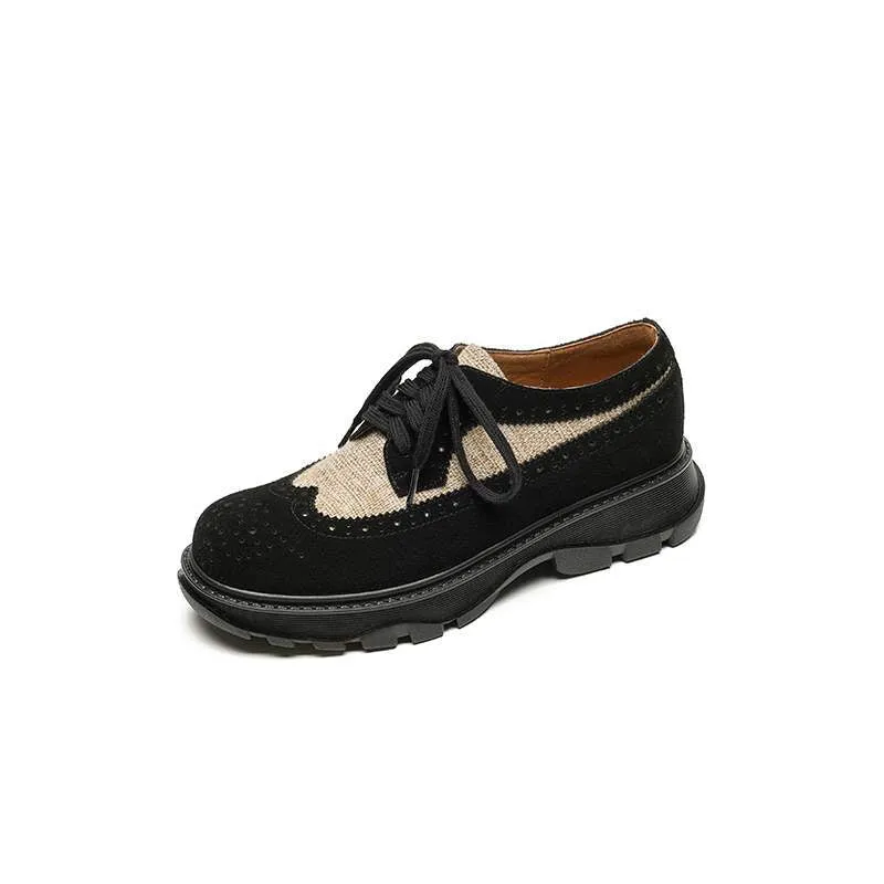 Preppy Color-Block Suede Brogue Lace Up Oxford Shoes in Black/Brown