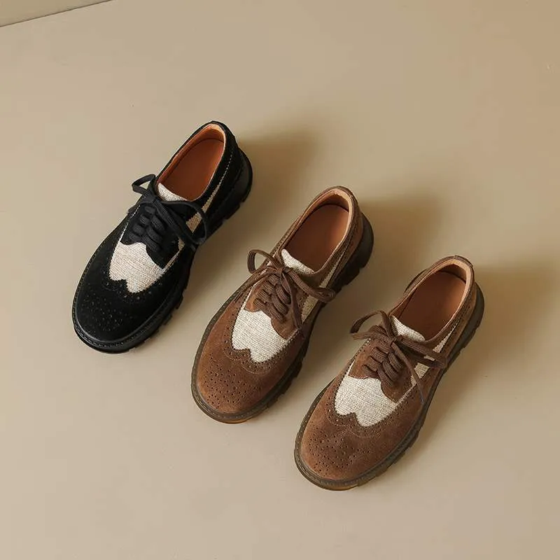 Preppy Color-Block Suede Brogue Lace Up Oxford Shoes in Black/Brown