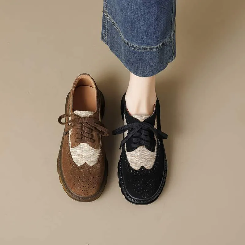 Preppy Color-Block Suede Brogue Lace Up Oxford Shoes in Black/Brown