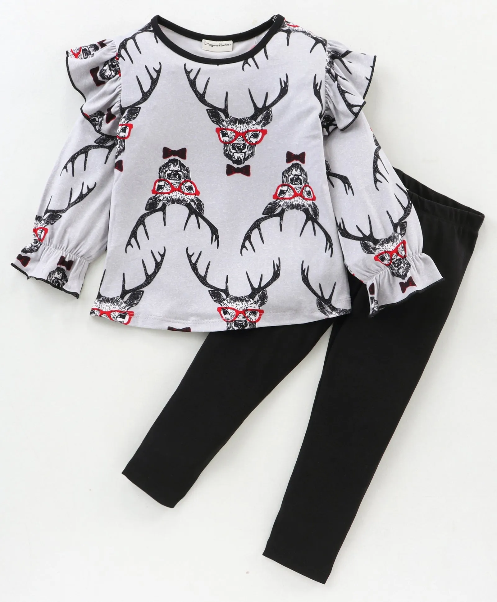 Reindeer Printed Frill Top Leggings Set