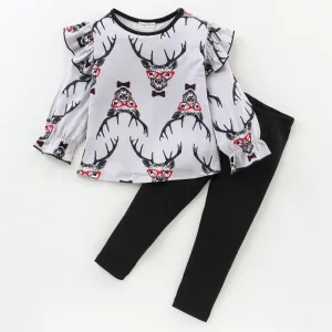 Reindeer Printed Frill Top Leggings Set