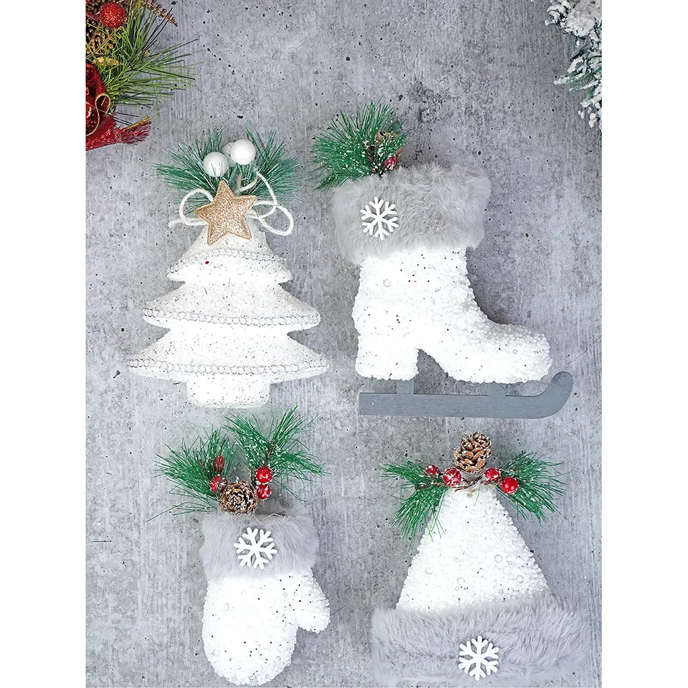 Silver Furry Winter Accessories Themed Tree Ornaments Christmas Decoration | Pack of 4 | 5 x 5 inches