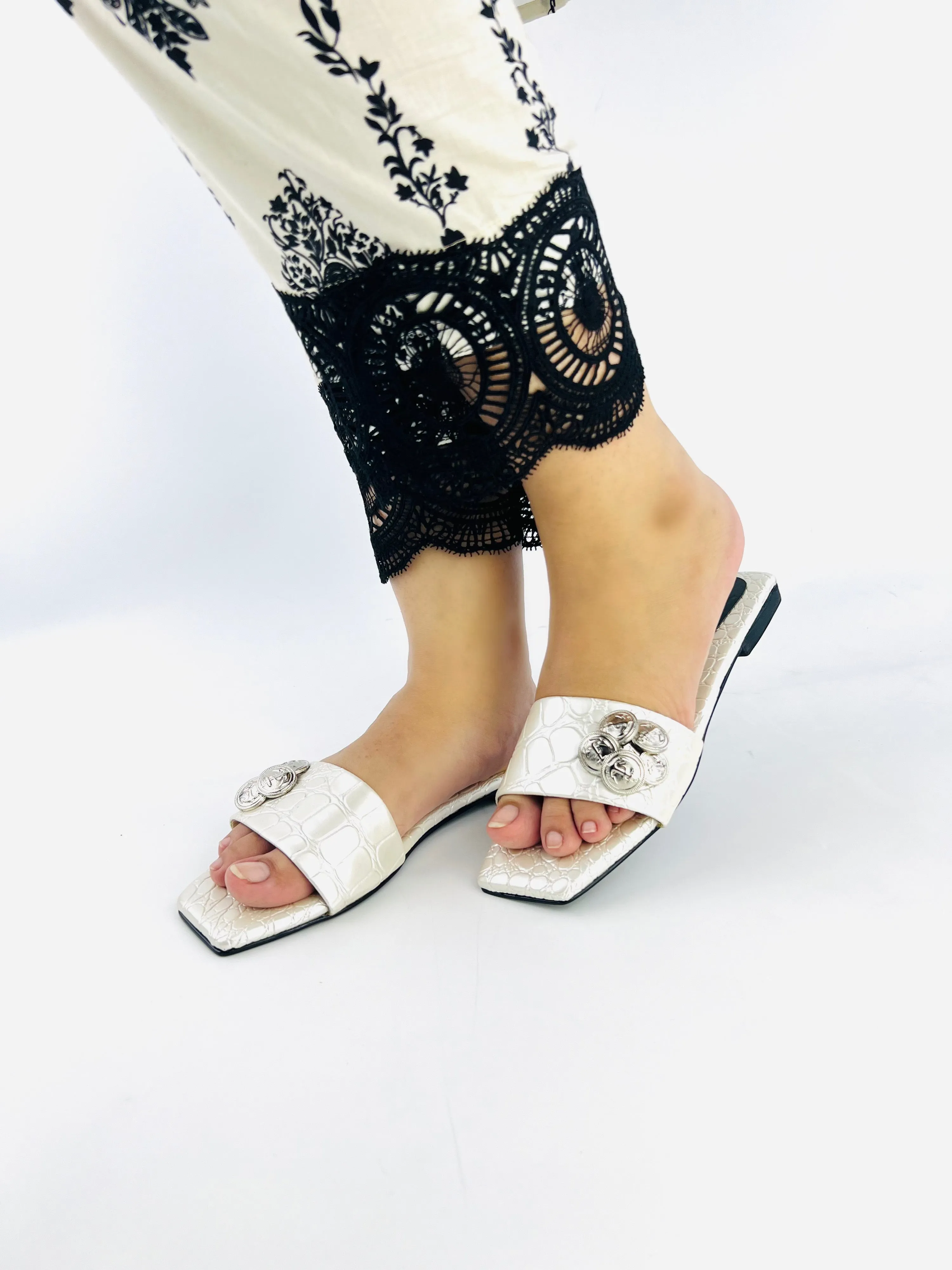 Spunkz Off White Metal Coins Square Toe Crocs Leather Flat Slides