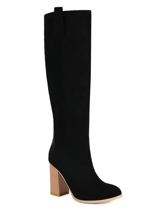 Suede thick heel round toe sleeve high heel boots