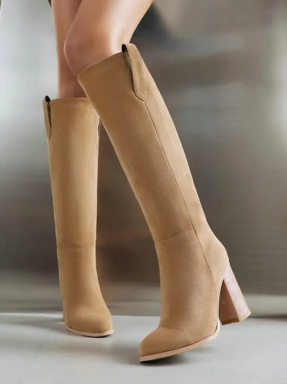 Suede thick heel round toe sleeve high heel boots