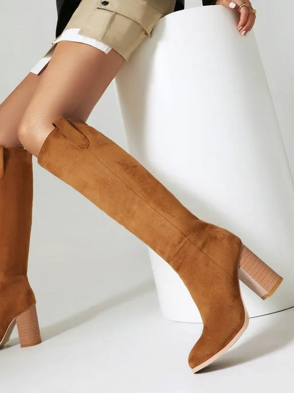 Suede thick heel round toe sleeve high heel boots