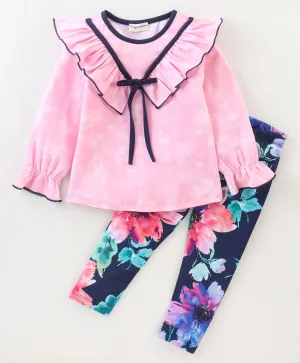 Tie Dye V Frilled Top Floral Leggings Set