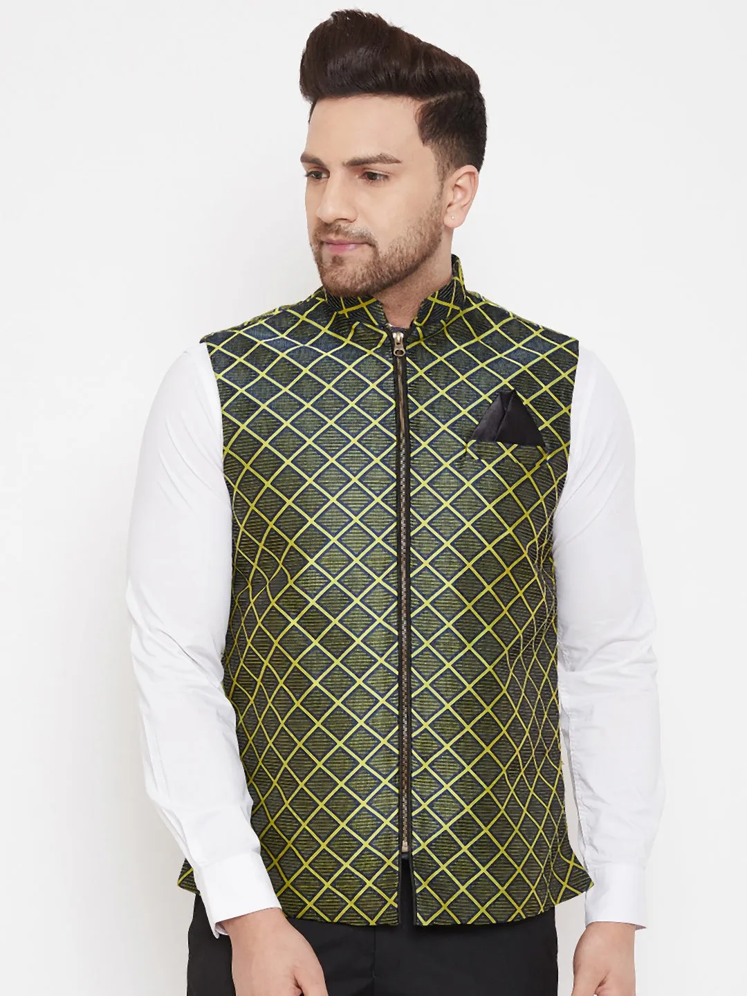 VASTRAMAY Men's Green Jute Cotton Zipper Nehru Jacket